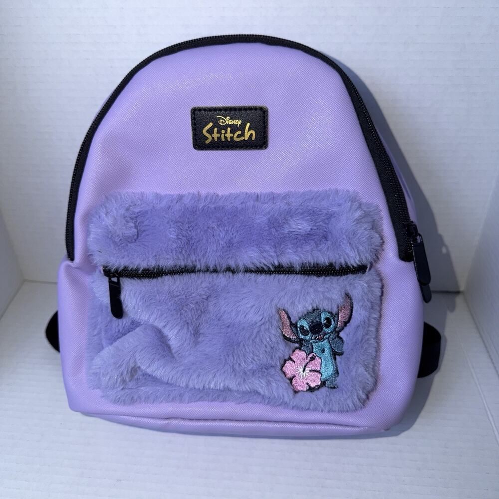 Disney Lilo & Stitch Purple Mini Backpack Fuzzy Front Pocket 12"x10"